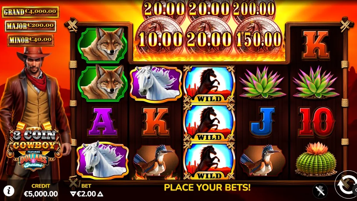 Pemandangan atmosferik slot 3 Coin Cowboy Dollars & Dreams dengan latar belakang kota perbatasan Wild West yang ikonik.